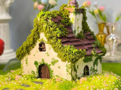 Enchanted Mossy Roof Fairy Cottage - Handmade Miniature with Glowing Lights