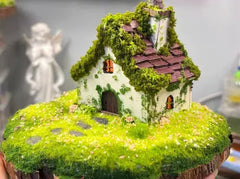 Enchanted Mossy Roof Fairy Cottage - Handmade Miniature with Glowing Lights