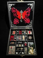 Gothic Elegance – Red Butterfly Memory Box with Vintage Curios & Antique Charm