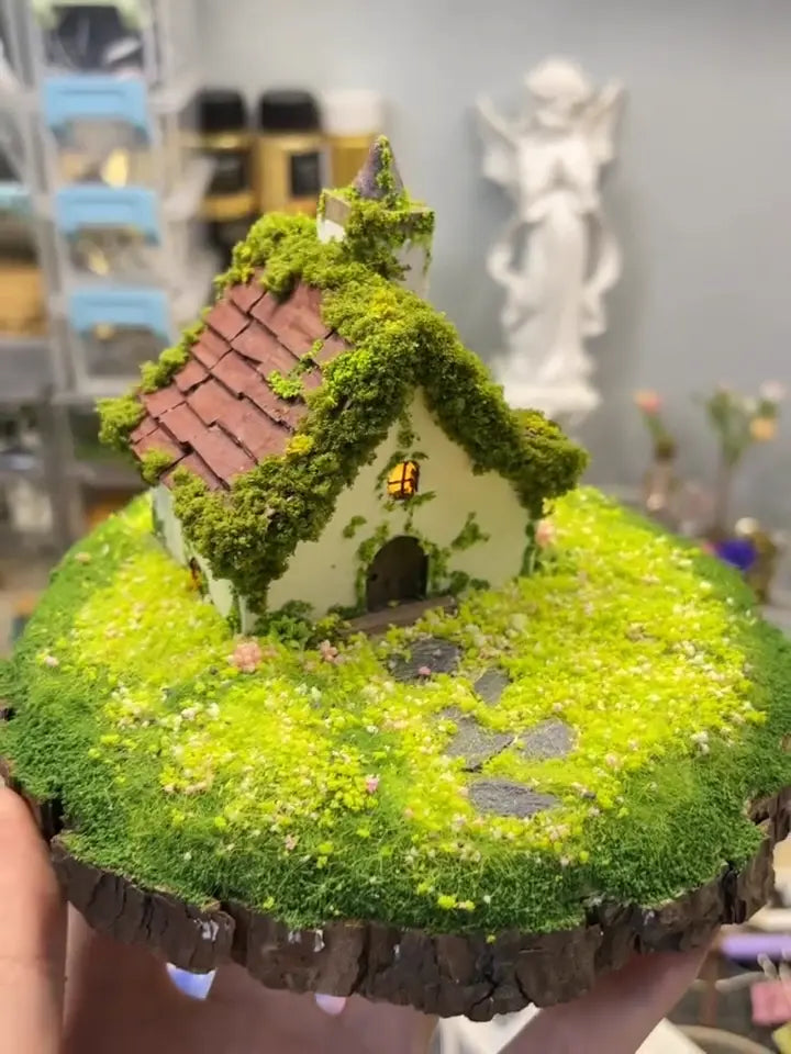 Enchanted Mossy Roof Fairy Cottage - Handmade Miniature with Glowing Lights