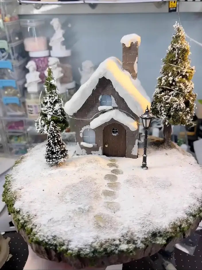 Handmade Snowy Cottage Diorama with Lights – Winter Wonderland Miniature Handmade Snowy Cottage Diorama with Lights – Winter Wonderland Miniature
