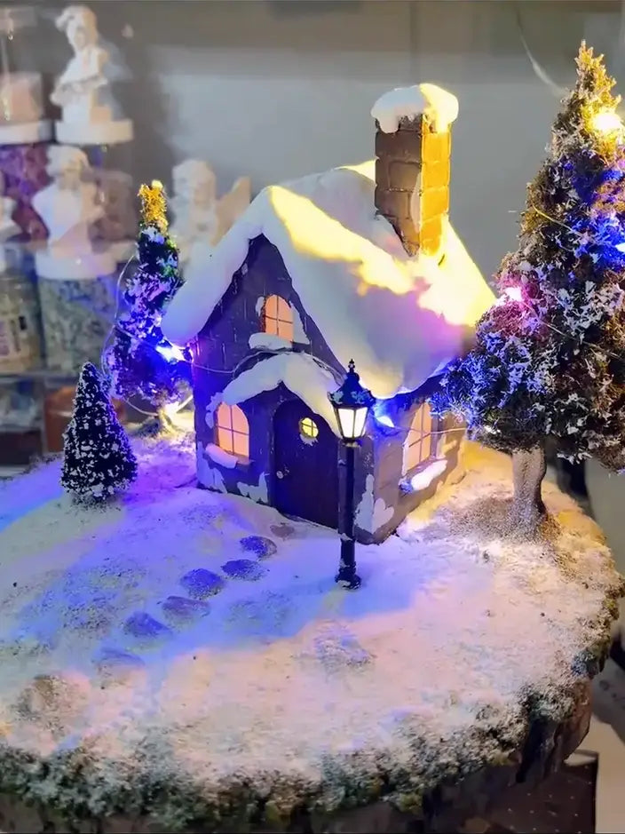 Handmade Snowy Cottage Diorama with Lights – Winter Wonderland Miniature Handmade Snowy Cottage Diorama with Lights – Winter Wonderland Miniature