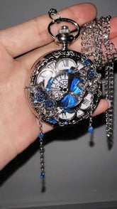 Handmade Butterfly Pocket Watch – Vintage-Inspired Timepiece with Real Blue Wings & Floral Crystals
