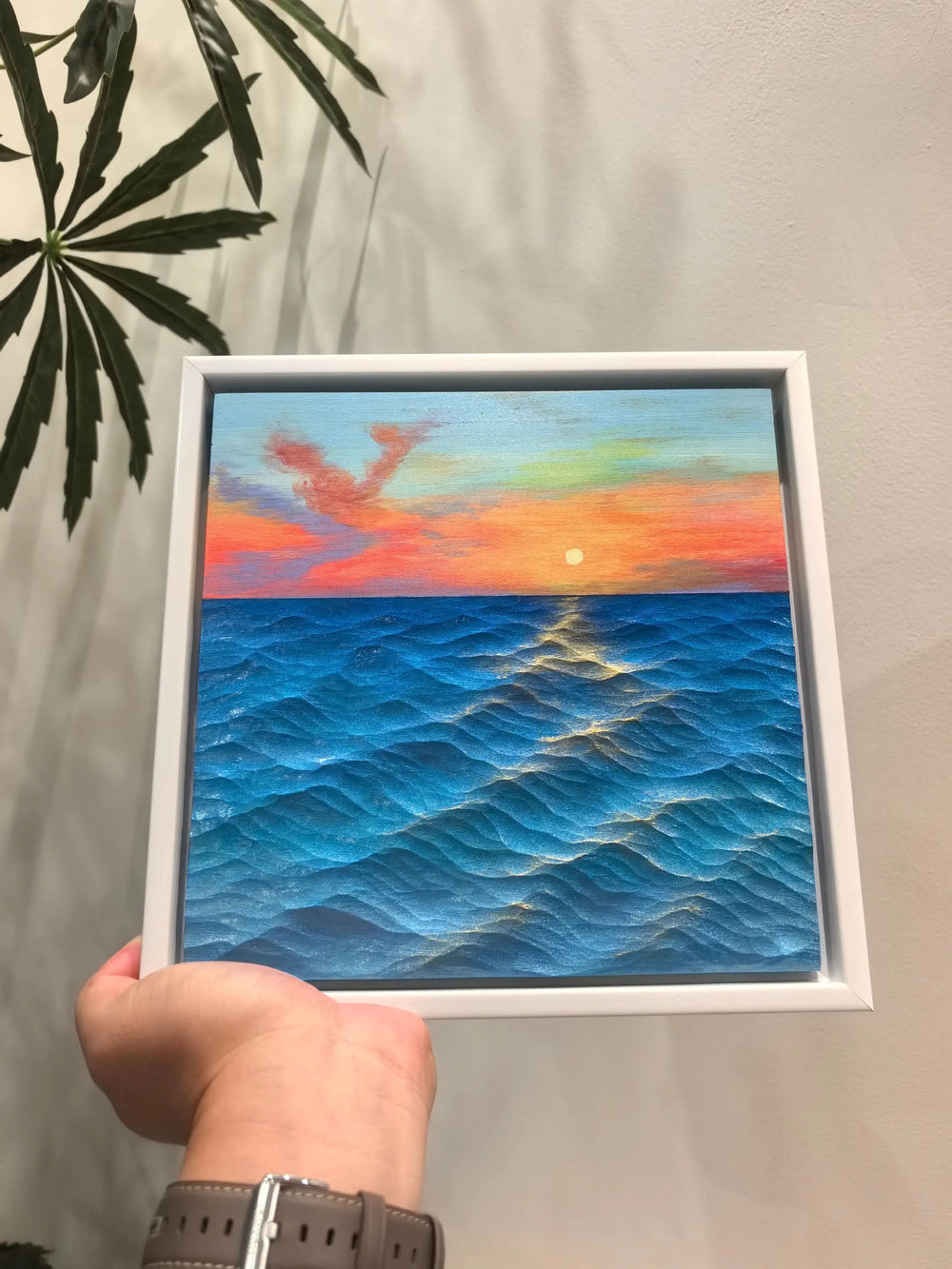 Hand-Carved Basswood Ocean Wave Art - "Sunset Horizon" | Handmade Wooden Decorative Sculpture