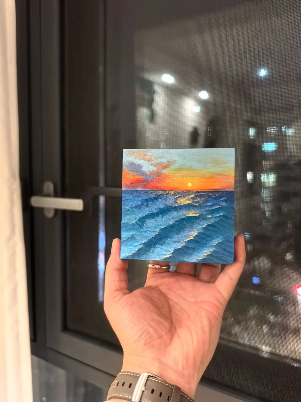 Hand-Carved Basswood Ocean Wave Art - "Sunset Horizon" | Handmade Wooden Decorative Sculpture