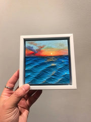 Hand-Carved Basswood Ocean Wave Art - "Sunset Horizon" | Handmade Wooden Decorative Sculpture 10cm*10cm Framed