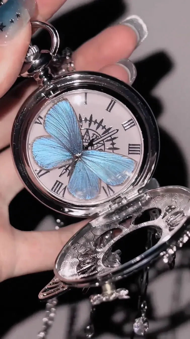 Blue Butterfly Pocket Watch – Vintage Handmade Necklace Timepiece🎁