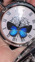 The Enchanted Timepiece: Ornate Silver Butterfly & Crystal Pocket Watch Pendant