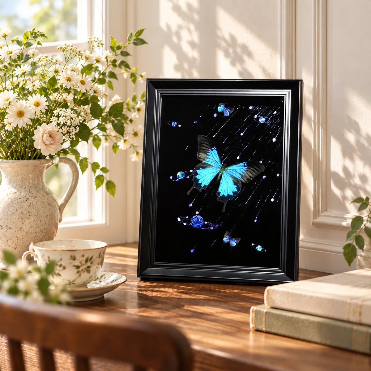 Celestial Blue Butterfly Frame – Galaxy-Inspired Butterfly Art