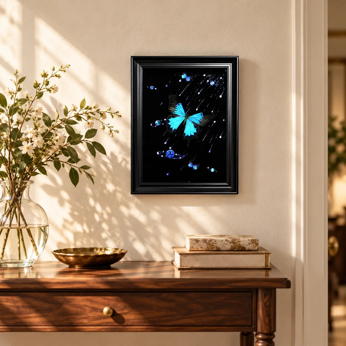 Celestial Blue Butterfly Frame – Galaxy-Inspired Butterfly Art