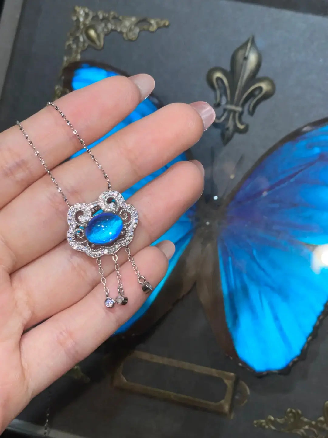 Blue Morpho Butterfly Wing Pendant Necklace safety lock