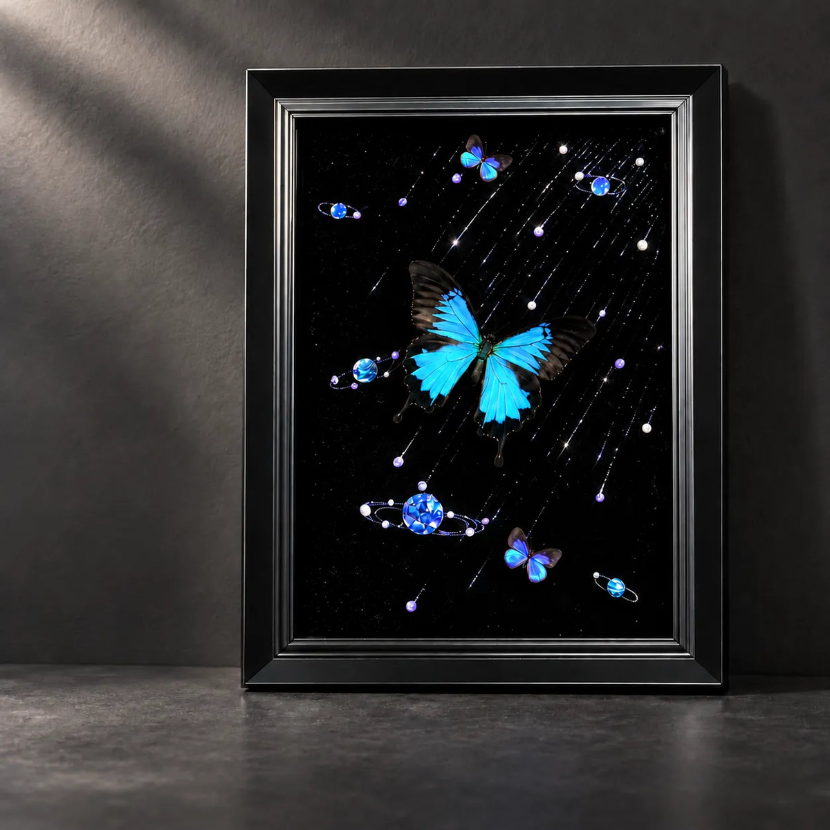 Celestial Blue Butterfly Frame – Galaxy-Inspired Butterfly Art