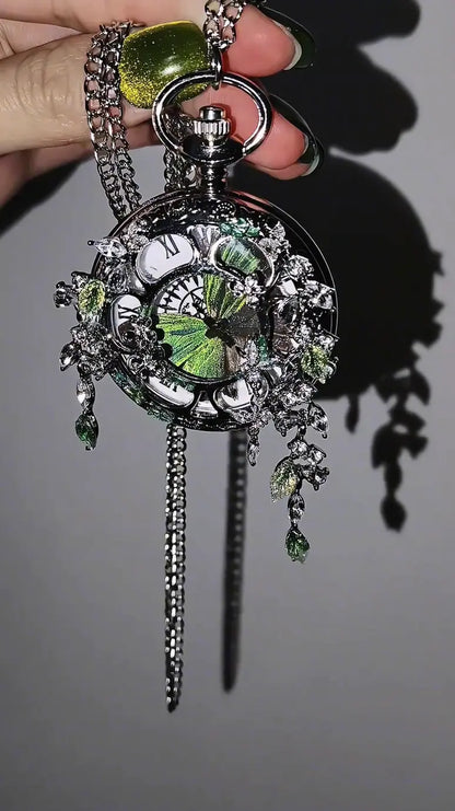 Butterfly Pocket Watch with Realistic Green Wings – Handmade Vintage-Inspired Keepsake Jewelry