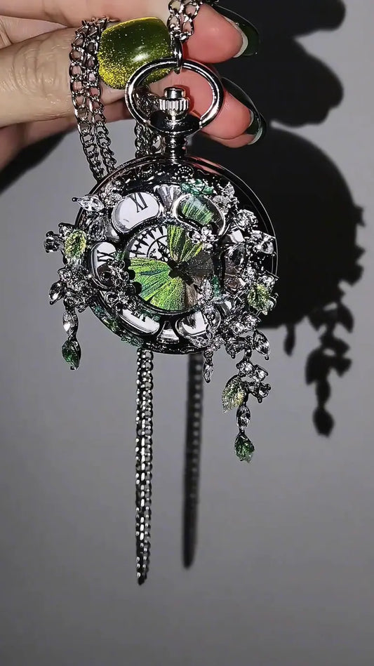 Butterfly Pocket Watch with Realistic Green Wings – Handmade Vintage-Inspired Keepsake Jewelry