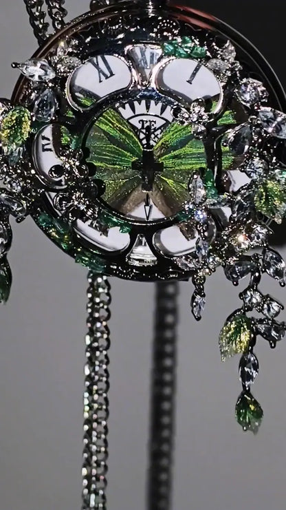 Butterfly Pocket Watch with Realistic Green Wings – Handmade Vintage-Inspired Keepsake Jewelry