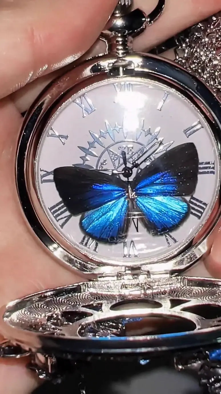 Handmade Butterfly Pocket Watch – Vintage-Inspired Timepiece with Real Blue Wings & Floral Crystals