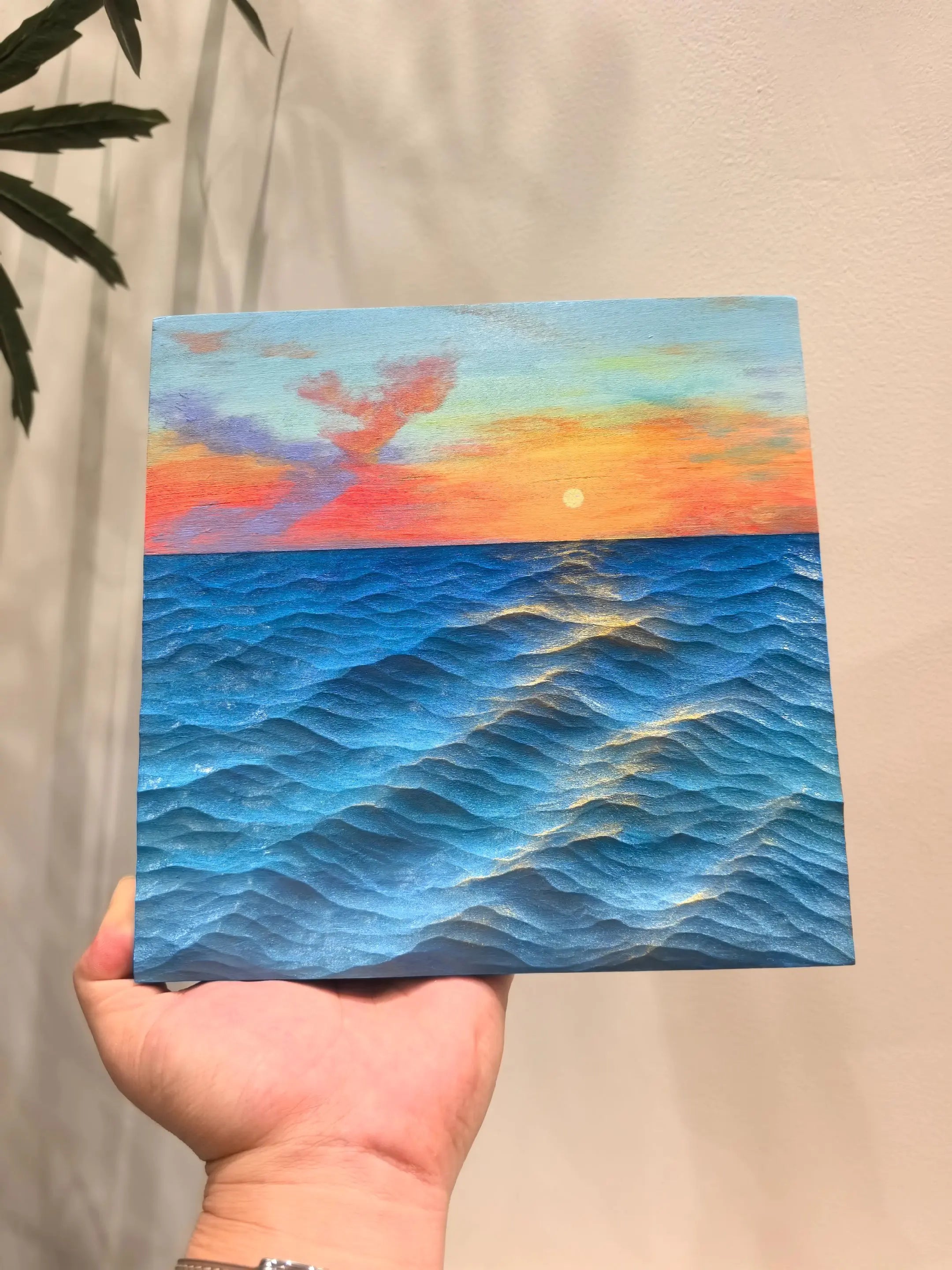 Hand-Carved Basswood Ocean Wave Art - "Sunset Horizon" | Handmade Wooden Decorative Sculpture 20cm*20cm Unframed