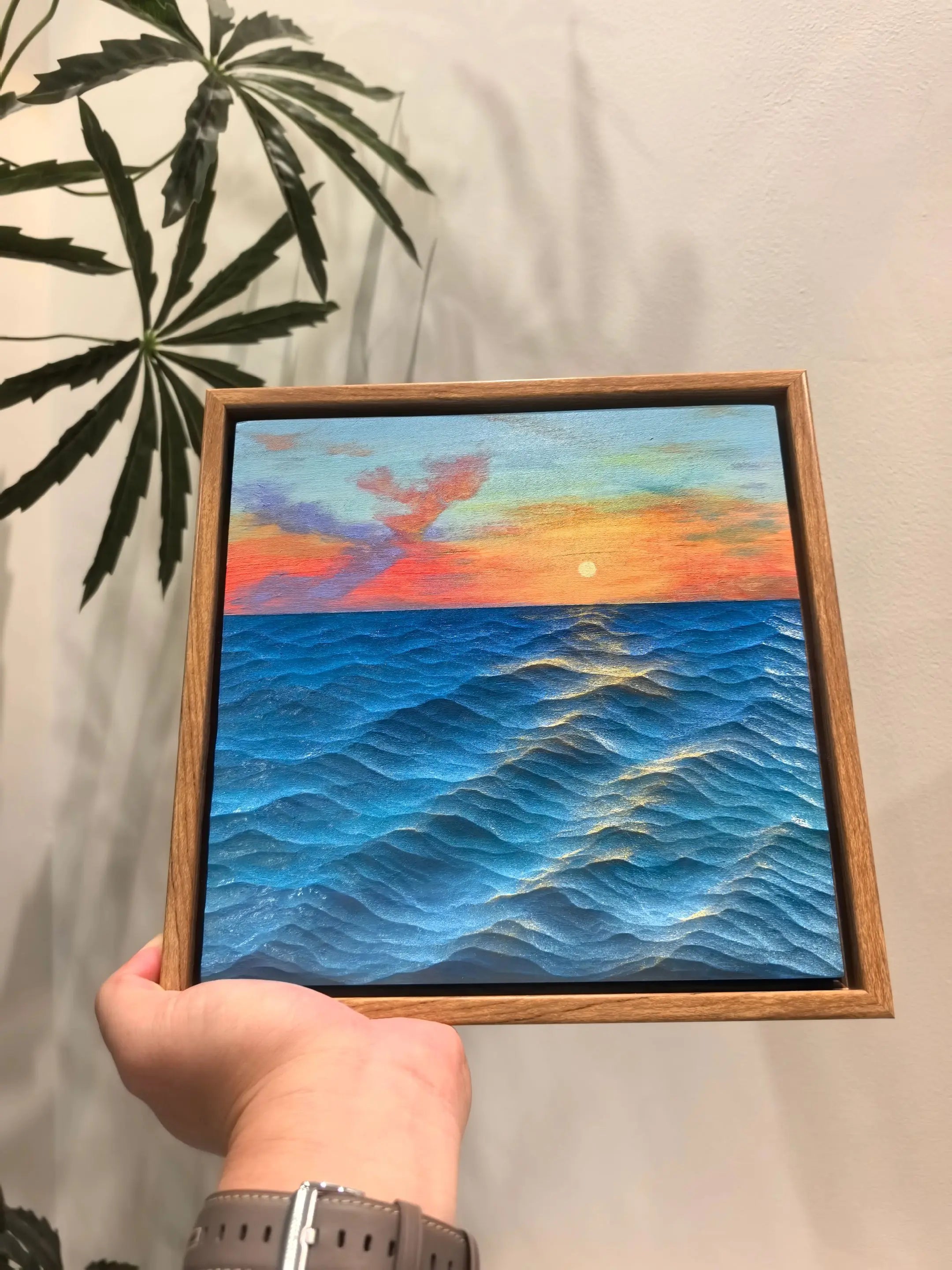 Hand-Carved Basswood Ocean Wave Art - "Sunset Horizon" | Handmade Wooden Decorative Sculpture