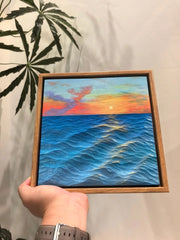 Hand-Carved Basswood Ocean Wave Art - "Sunset Horizon" | Handmade Wooden Decorative Sculpture