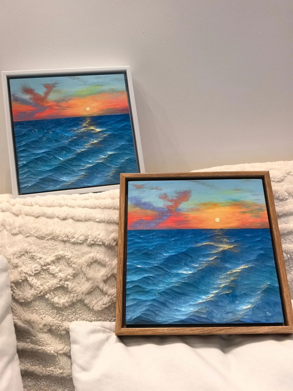 Hand-Carved Basswood Ocean Wave Art - "Sunset Horizon" | Handmade Wooden Decorative Sculpture 20cm*20cm Framed