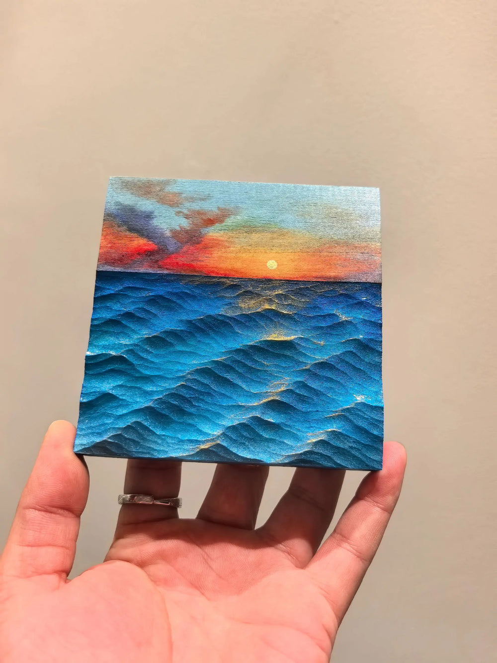 Hand-Carved Basswood Ocean Wave Art - "Sunset Horizon" | Handmade Wooden Decorative Sculpture 10cm*10cm Unframed