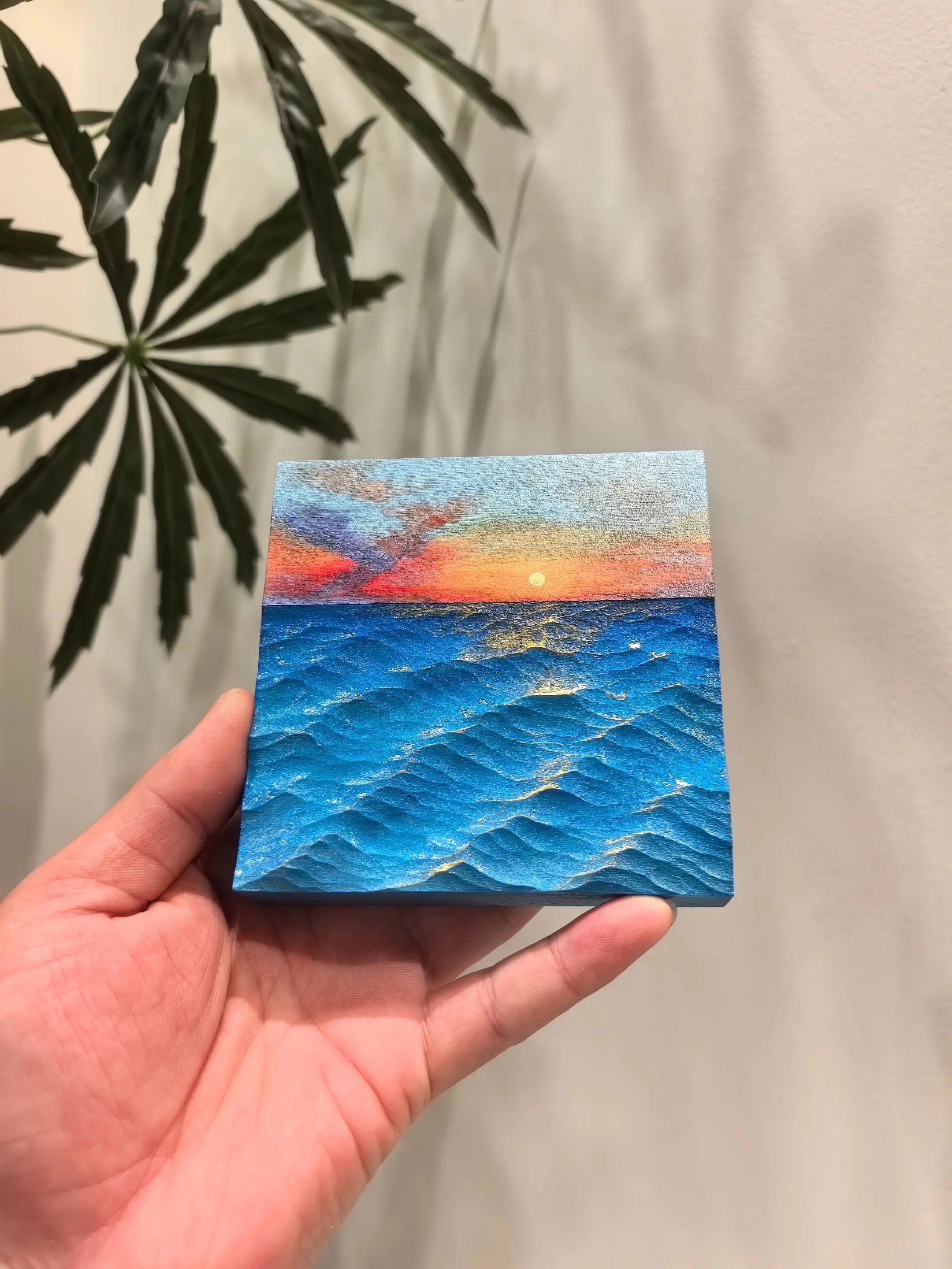 Hand-Carved Basswood Ocean Wave Art - "Sunset Horizon" | Handmade Wooden Decorative Sculpture