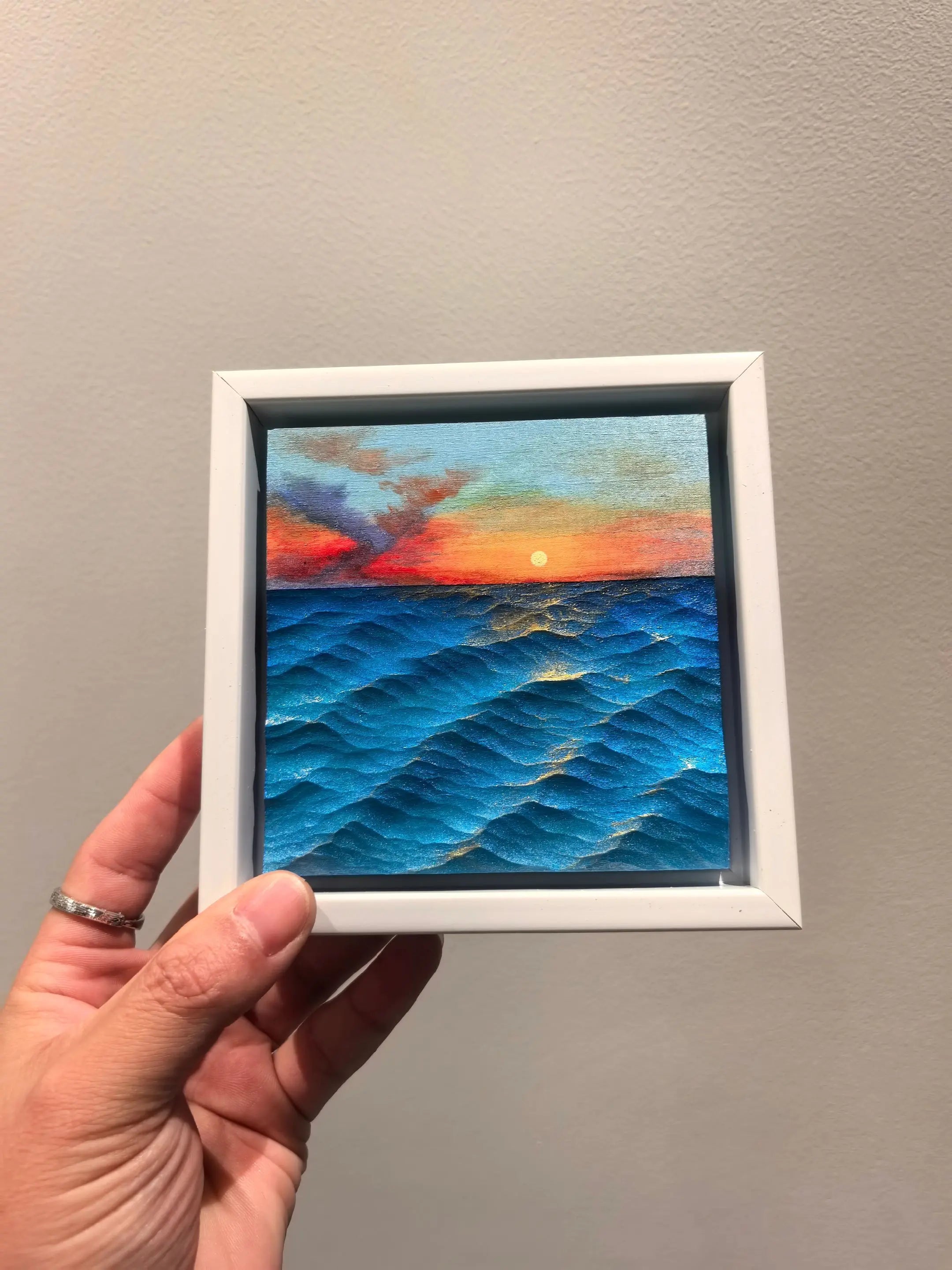 Hand-Carved Basswood Ocean Wave Art - "Sunset Horizon" | Handmade Wooden Decorative Sculpture 10cm*10cm Framed