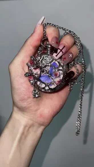 Vintage Silver Hollow Pocket Watch - Blue Butterfly & Floral Pendant Necklace