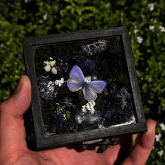 Enchanted Purple Butterfly Shadow Box - Handcrafted Moss & Mushroom Diorama Decor