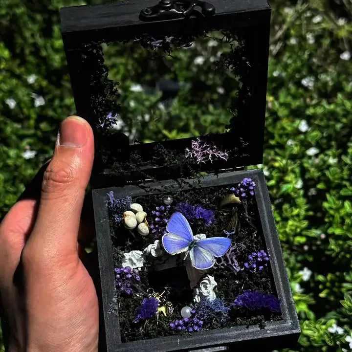 Enchanted Purple Butterfly Shadow Box - Handcrafted Moss & Mushroom Diorama Decor