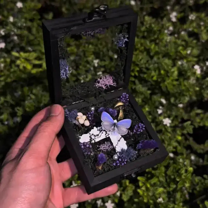 Enchanted Purple Butterfly Shadow Box - Handcrafted Moss & Mushroom Diorama Decor