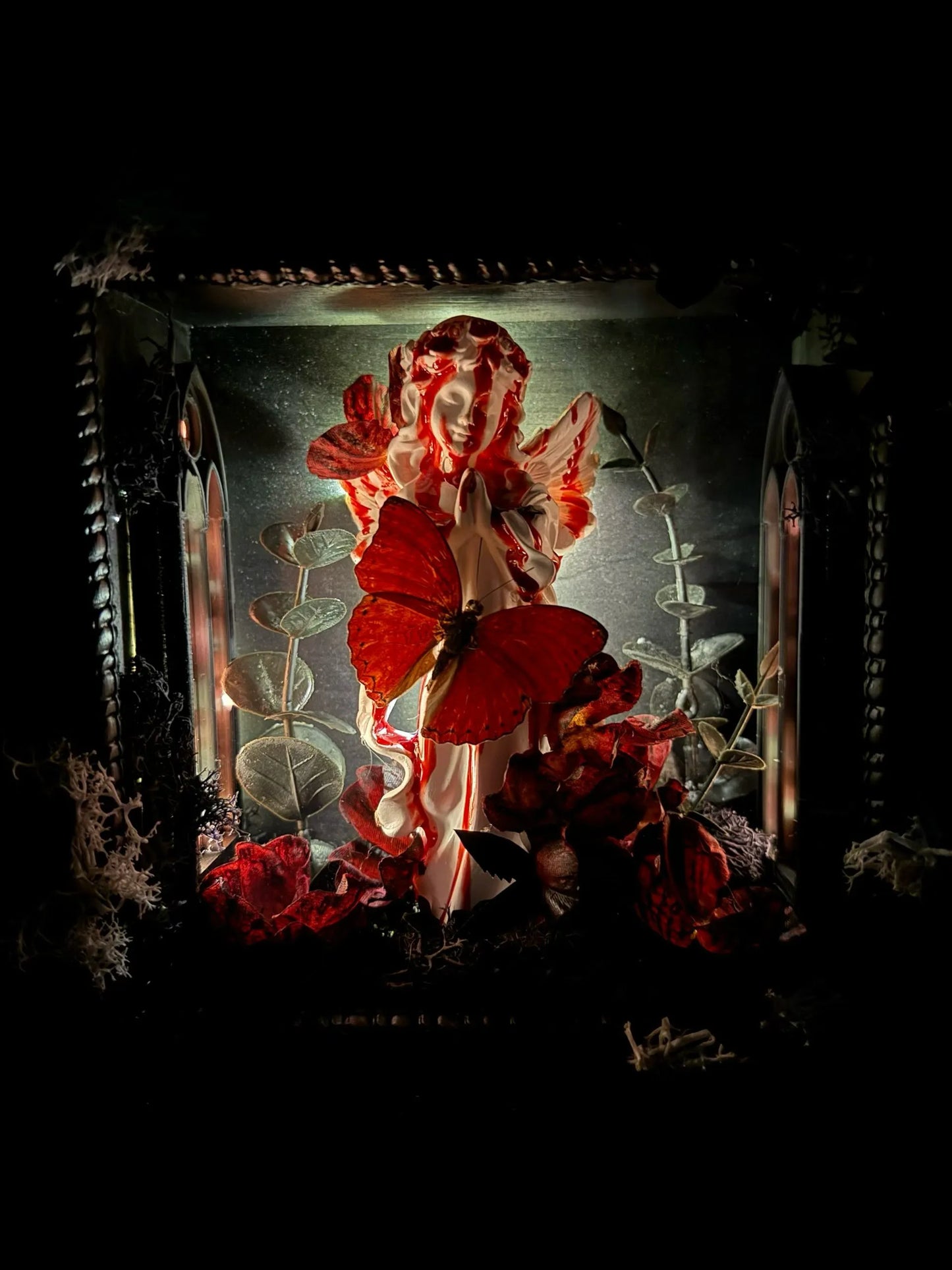 Blood-Stained Angel Prayer Butterfly Specimen Box – Gothic Handmade Red Butterfly Gift