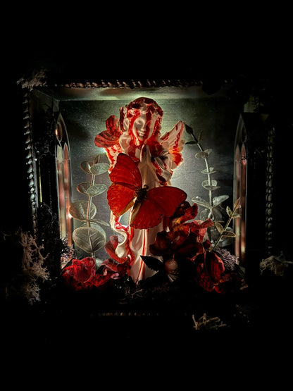 Blood-Stained Angel Prayer Butterfly Specimen Box – Gothic Handmade Red Butterfly Gift