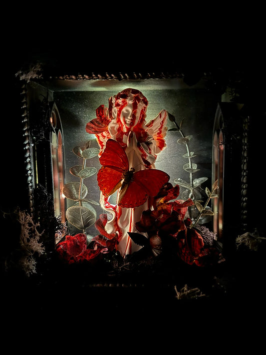 Blood-Stained Angel Prayer Butterfly Specimen Box – Gothic Handmade Red Butterfly Gift