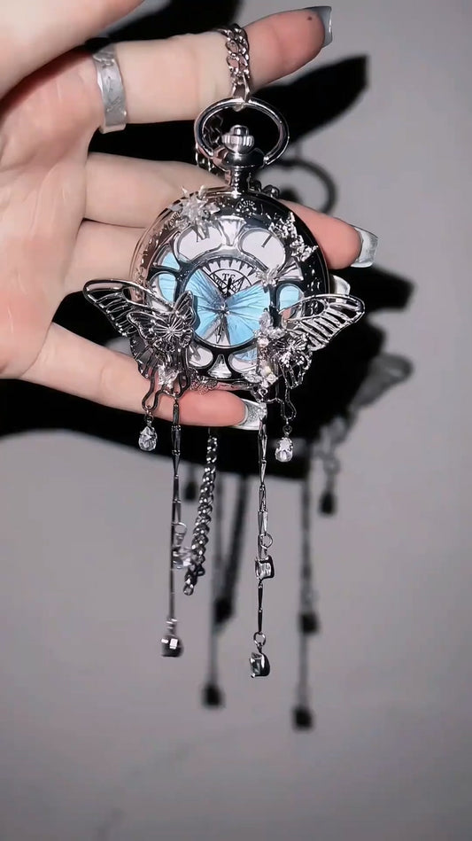 Blue Butterfly Pocket Watch – Vintage Handmade Necklace Timepiece🎁