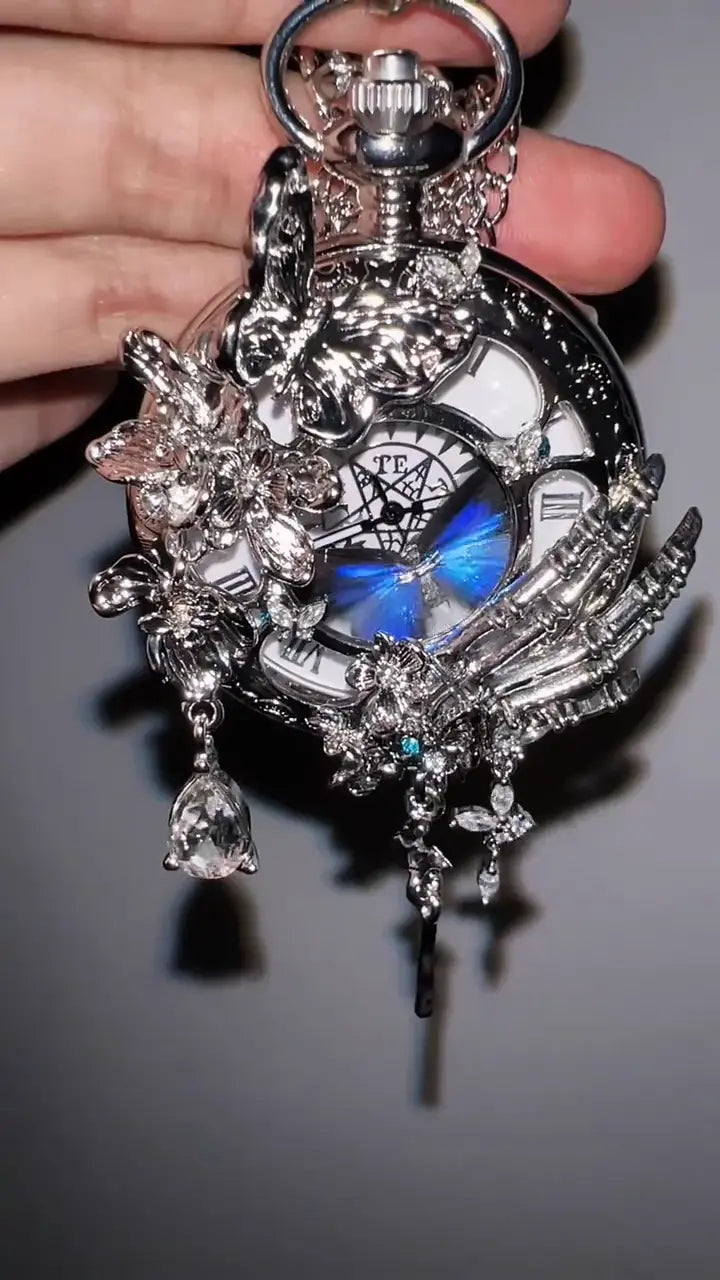 The Enchanted Timepiece: Ornate Silver Butterfly & Crystal Pocket Watch Pendant